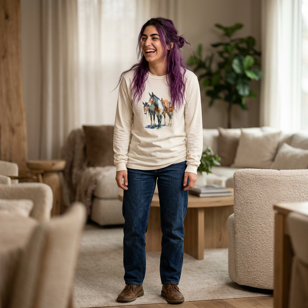 Western Mule Horse Watercolor Long Sleeve Comfort Colors T-Shirt
