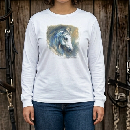 White Horse Art Long Sleeve Tee — Pastels Drawing - Equine Art