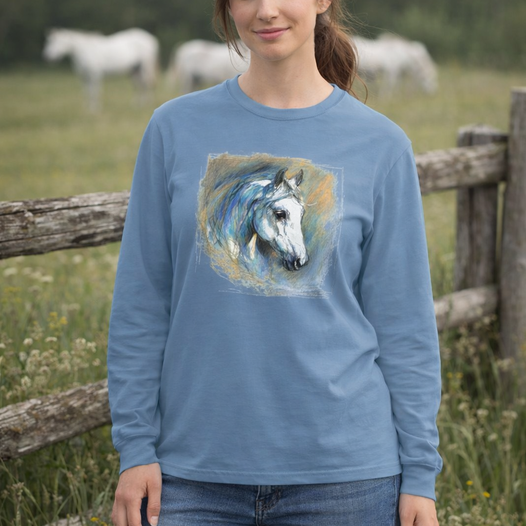 White Horse Art Long Sleeve Tee — Pastels Drawing - Equine Art