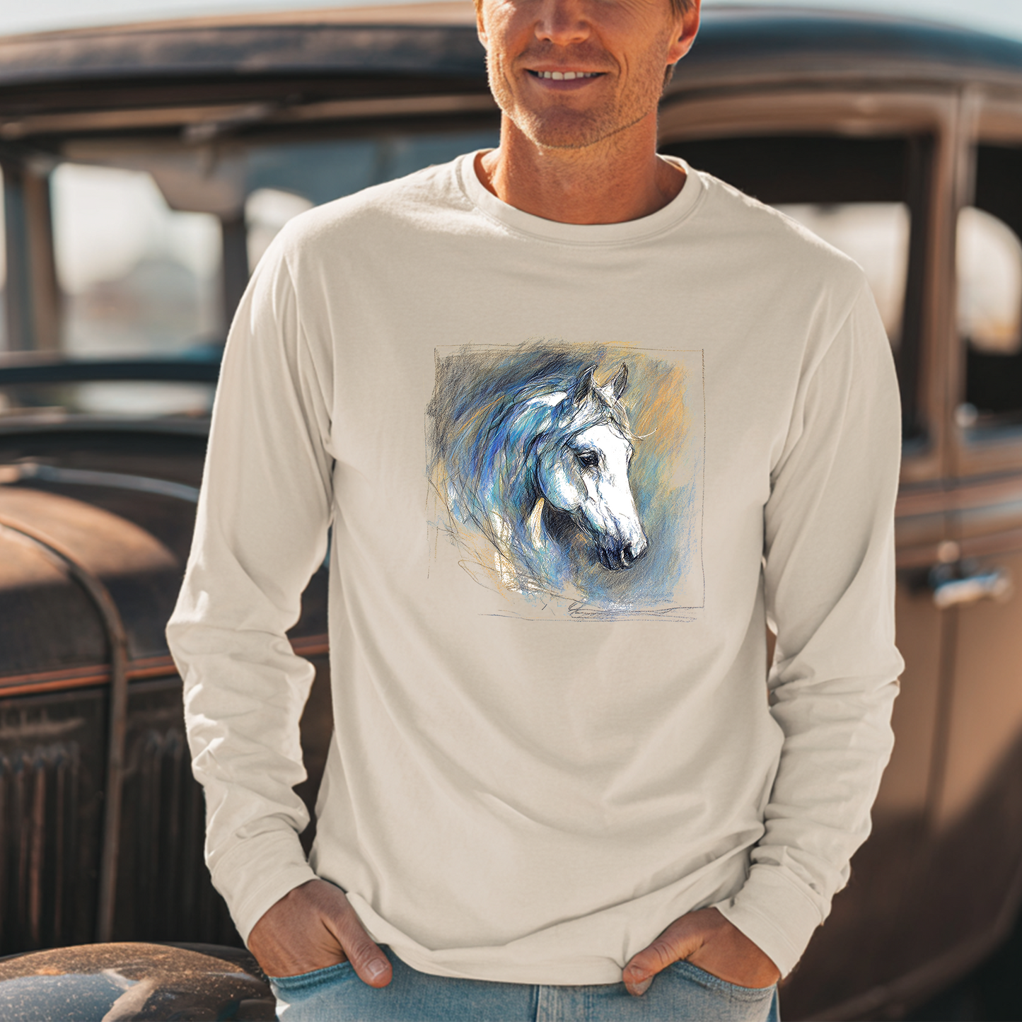 White Horse Art Long Sleeve Tee — Pastels Drawing - Equine Art
