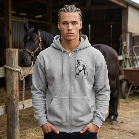 Horse Head Sketch Zip Hoodie — Minimal Equestrian Zip-Up for Riders & Horse Lovers
