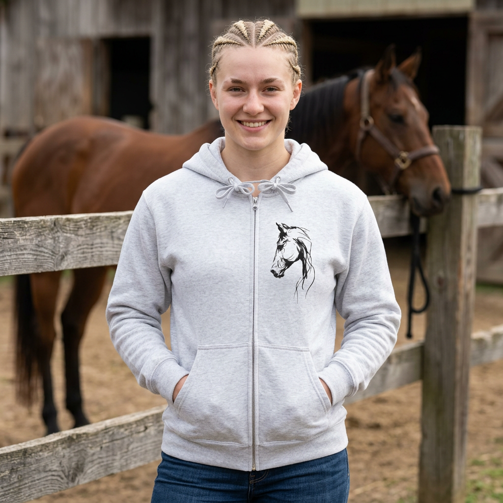 Horse Head Sketch Zip Hoodie — Minimal Equestrian Zip-Up for Riders & Horse Lovers