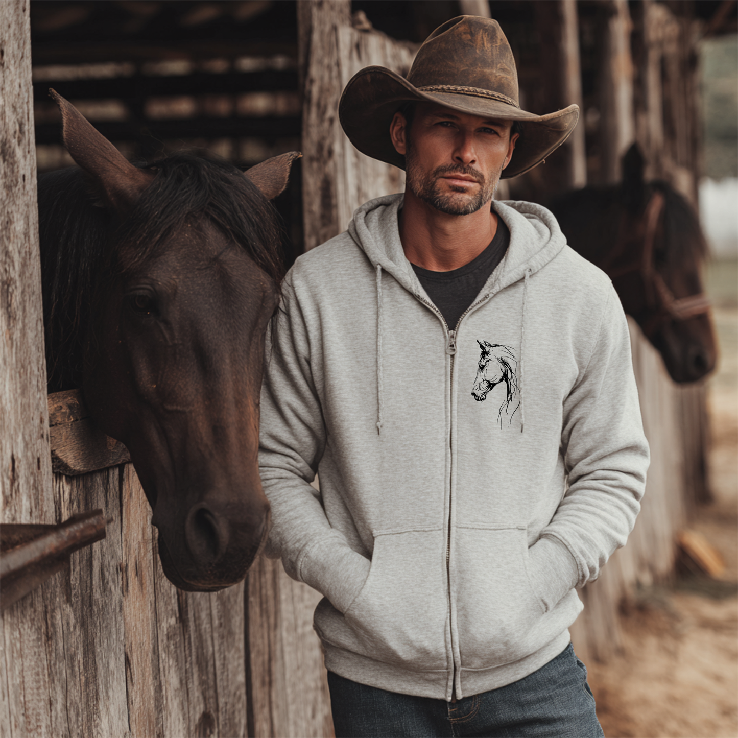 Horse Head Sketch Zip Hoodie — Minimal Equestrian Zip-Up for Riders & Horse Lovers