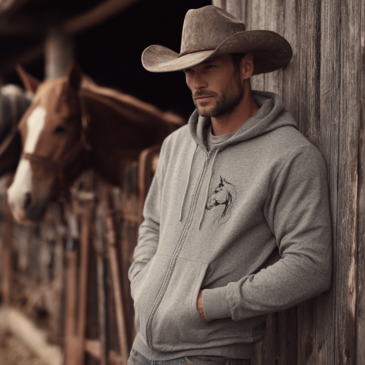 Horse Head Sketch Zip Hoodie — Minimal Equestrian Zip-Up for Riders & Horse Lovers