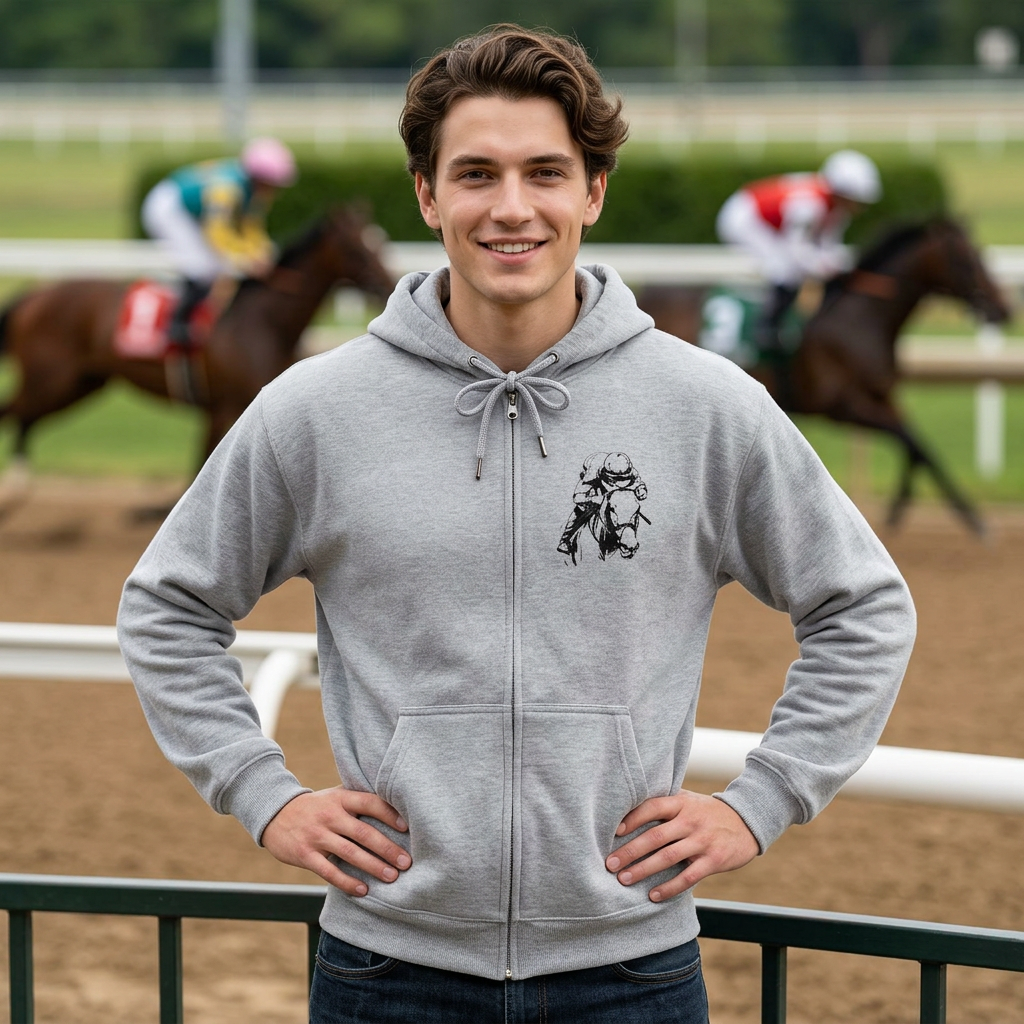Original Horseracing Full Zip Jacket, Line Drawing, Jockey on Horse