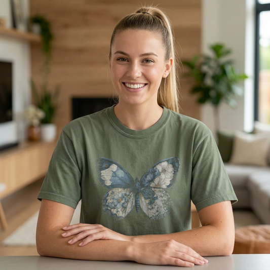 Cottage Garden Watercolor Butterfly T-Shirt | Brown Garment-Dyed