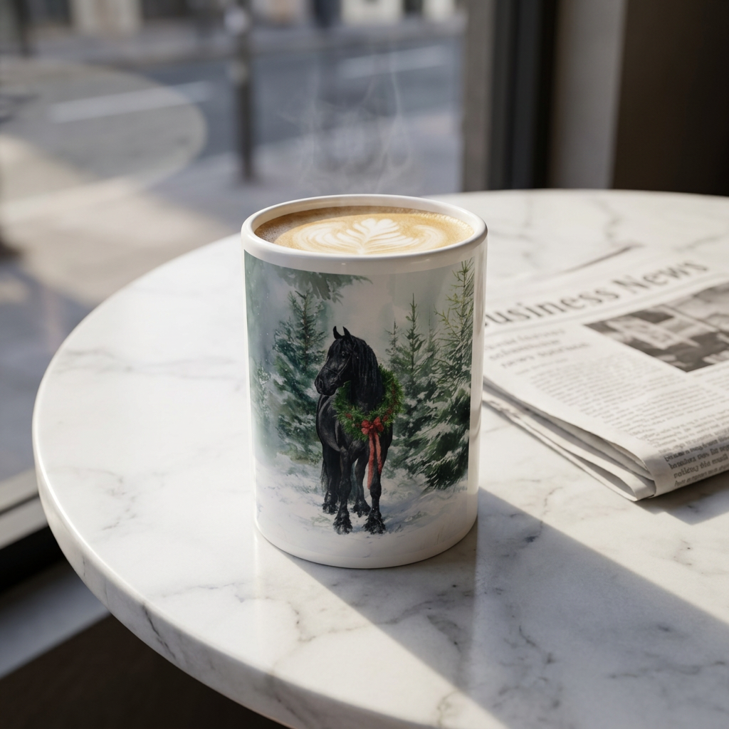 15oz Ceramic Mug — Friesian Horse in Snow with Holiday Wreath (Christmas Winter Coffee Cup)