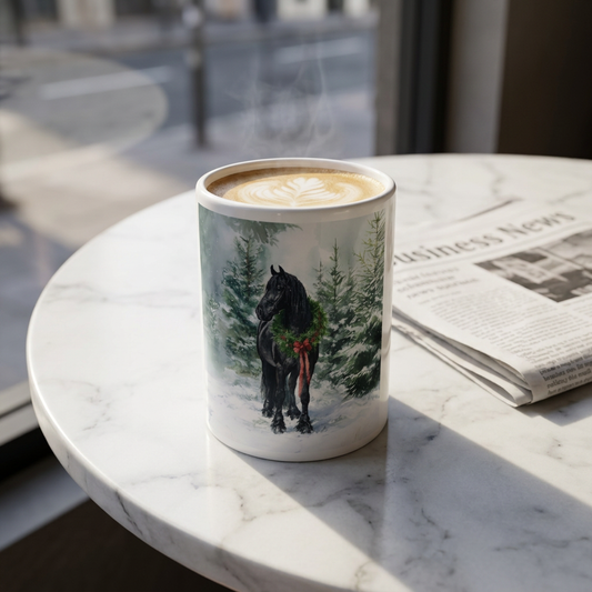 15oz Ceramic Mug — Friesian Horse in Snow with Holiday Wreath (Christmas Winter Coffee Cup)