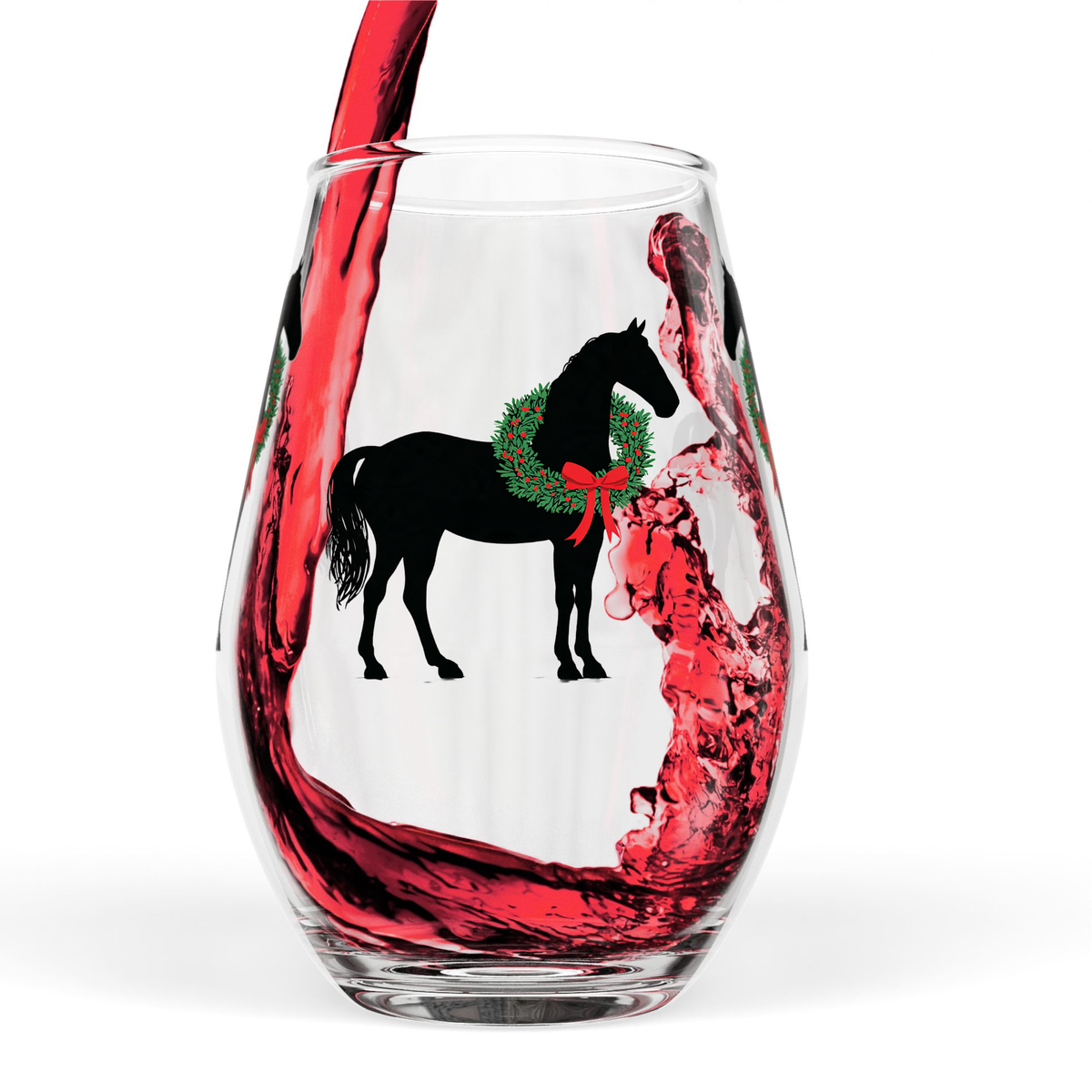 Christmas Horse Stemless Wine Glass – Personalized Black Horse - Set Optional