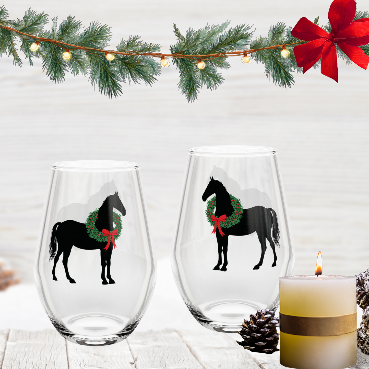 Christmas Horse Stemless Wine Glass – Personalized Black Horse - Set Optional