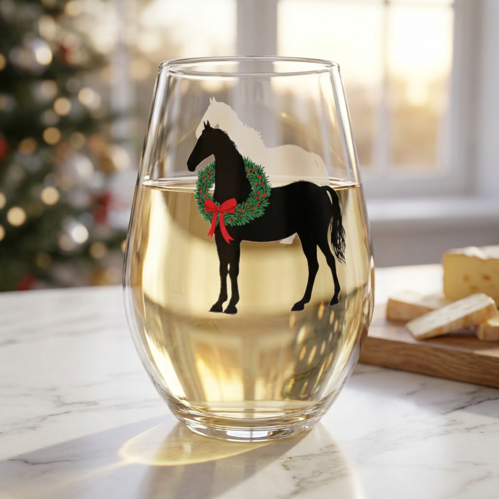 Christmas Horse Stemless Wine Glass – Personalized Black Horse - Set Optional