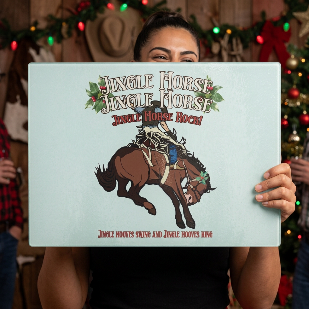 Rodeo Christmas Horse Glass cutting board – Jingle Horse Rock Cowboy - 2 sizes