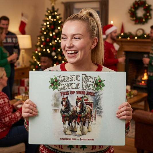 Clydesdale Christmas Horse glass cutting board – Personalized Holiday Horse Decor