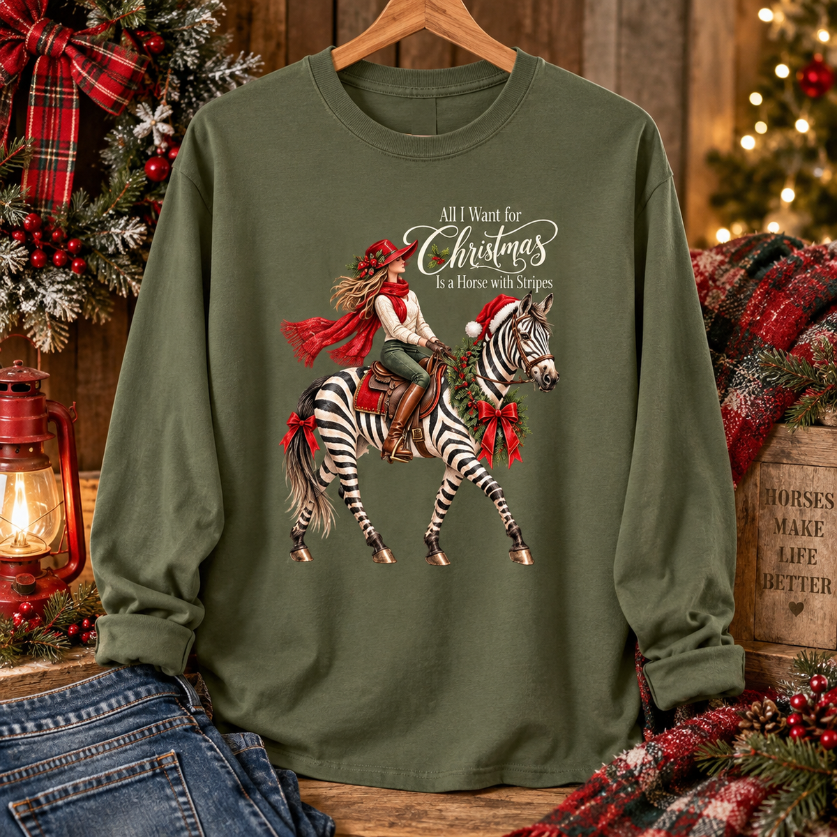 All I Want for Christmas Horse Long Sleeve Tee – Zebra Equestrian Shirt