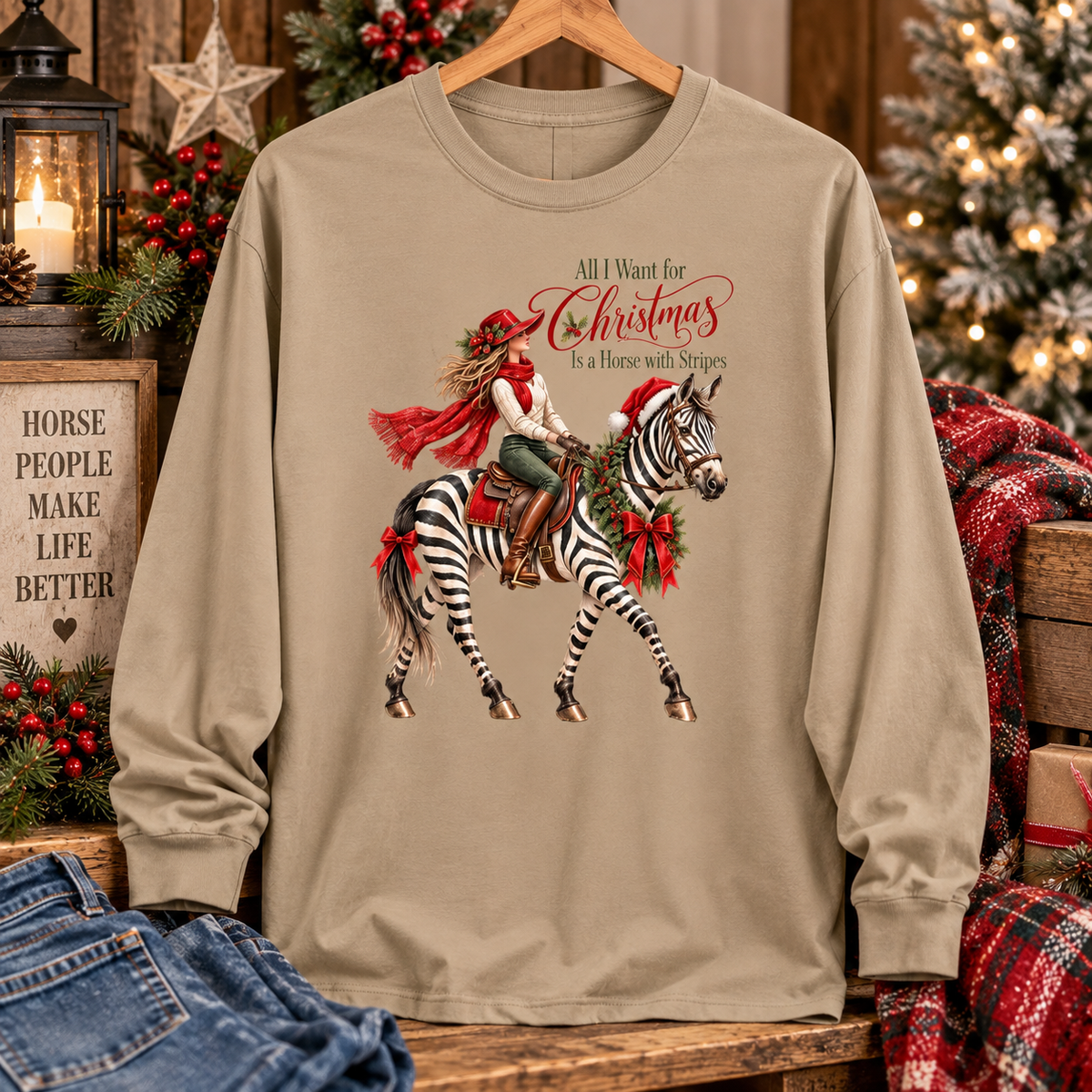 All I Want for Christmas Horse Long Sleeve Tee – Zebra Equestrian Shirt