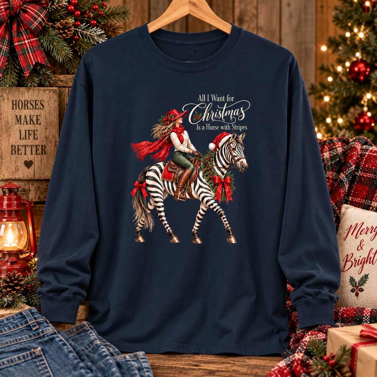 All I Want for Christmas Horse Long Sleeve Tee – Zebra Equestrian Shirt