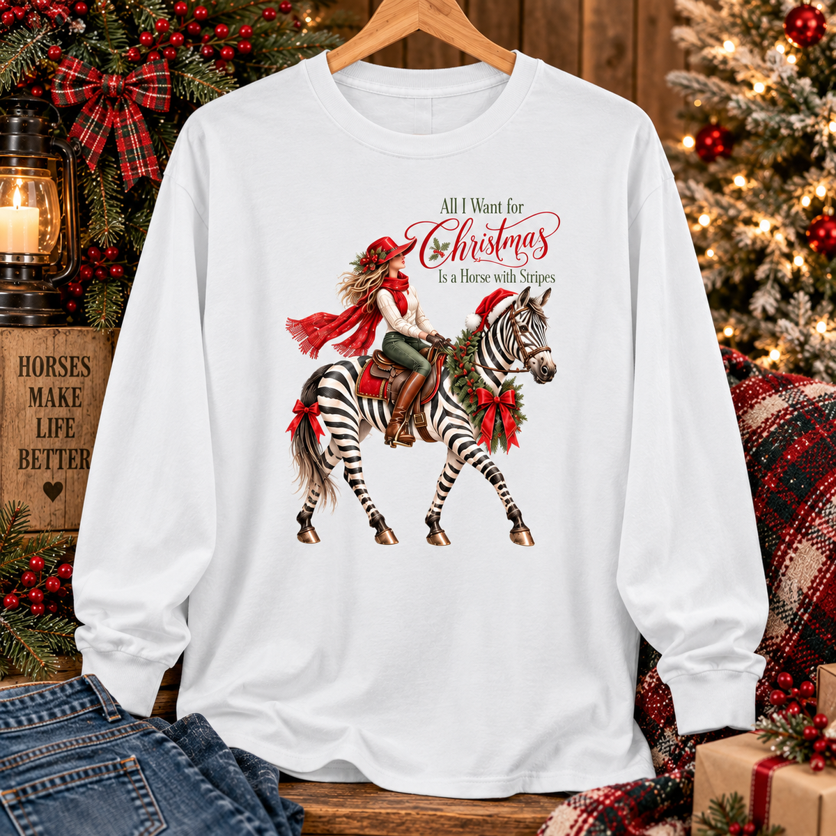 All I Want for Christmas Horse Long Sleeve Tee – Zebra Equestrian Shirt