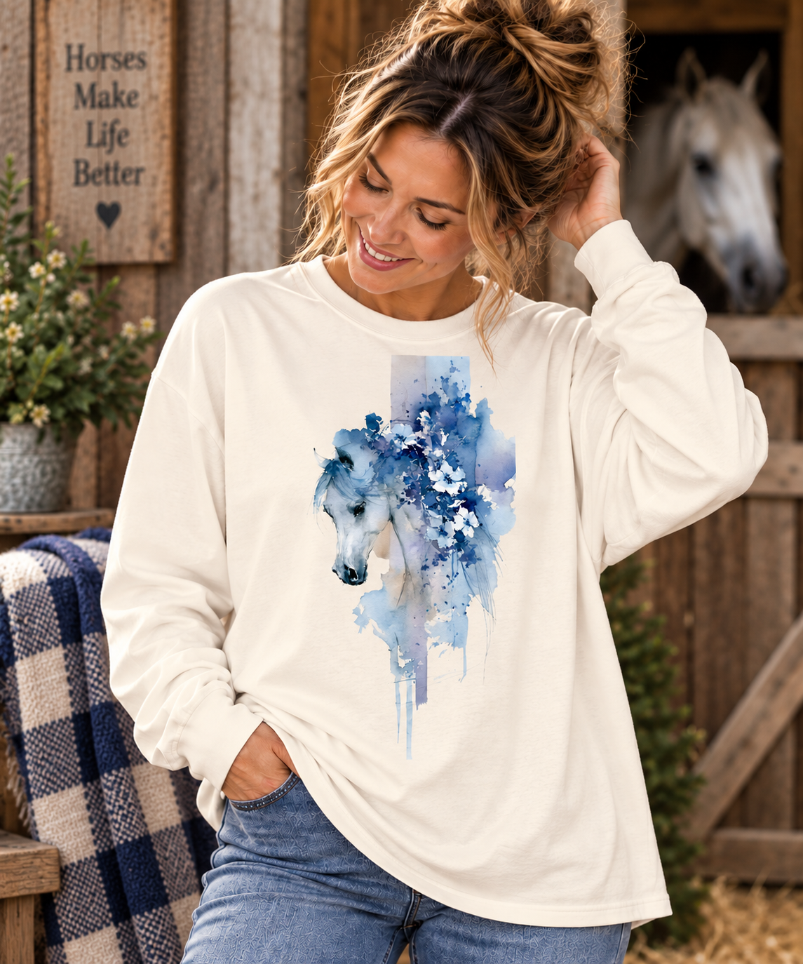 Watercolor Horse Long Sleeve Shirt – Oversized Equestrian Tee