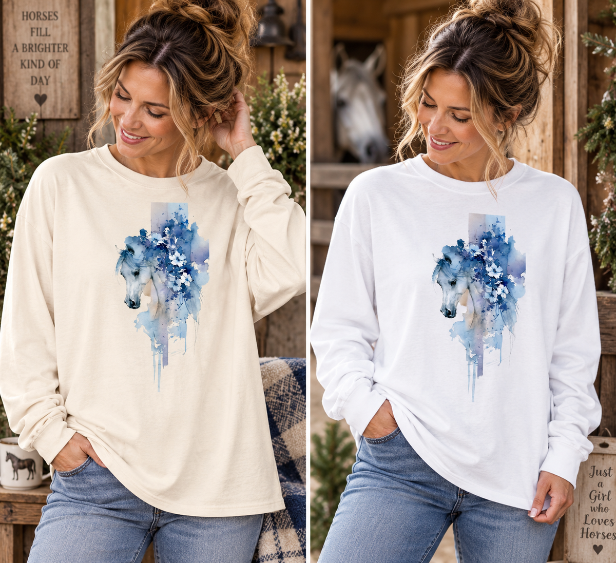Watercolor Horse Long Sleeve Shirt – Oversized Equestrian Tee
