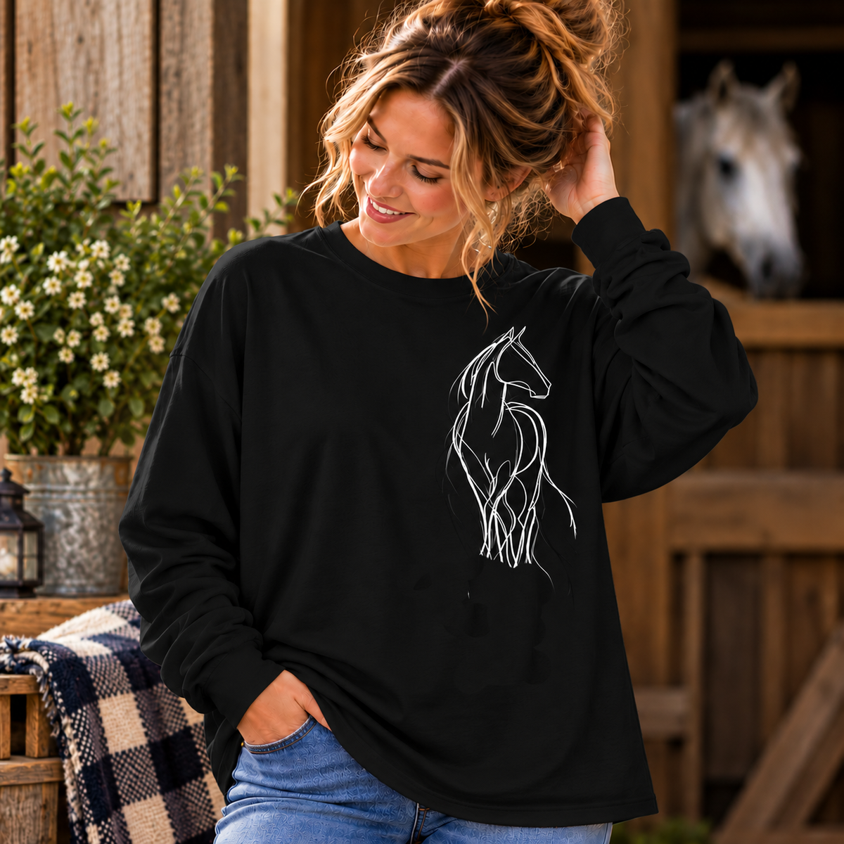 Line Art Horse Long Sleeve Shirt – Oversized Equestrian Tee