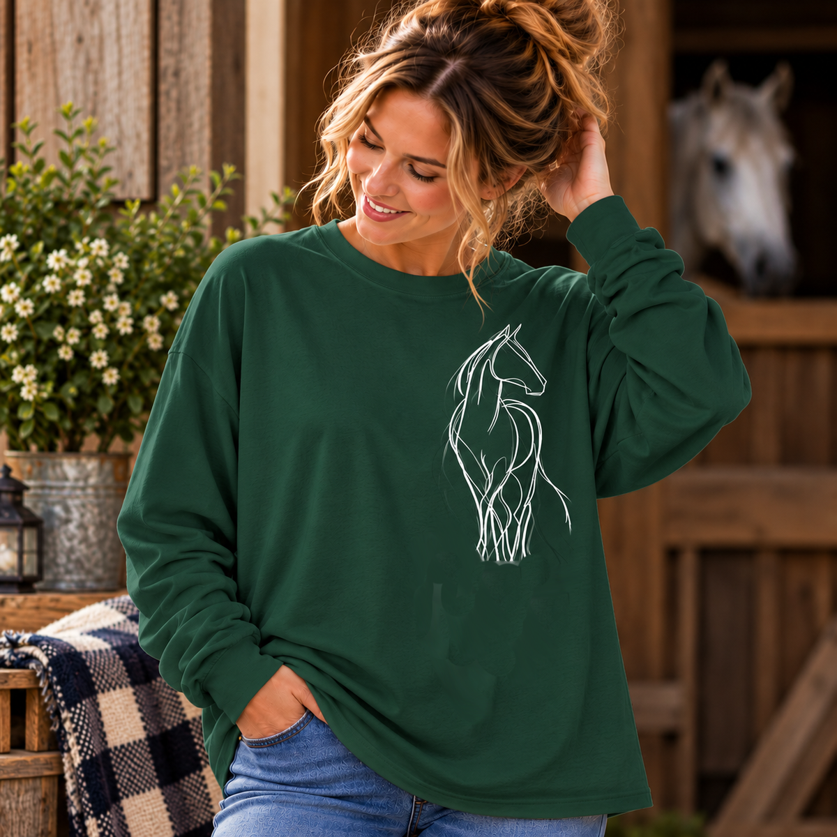 Line Art Horse Long Sleeve Shirt – Oversized Equestrian Tee