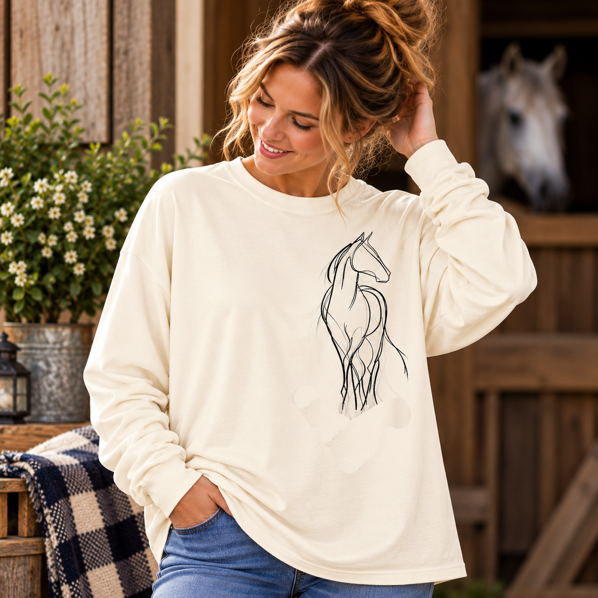Line Art Horse Long Sleeve Shirt – Oversized Equestrian Tee