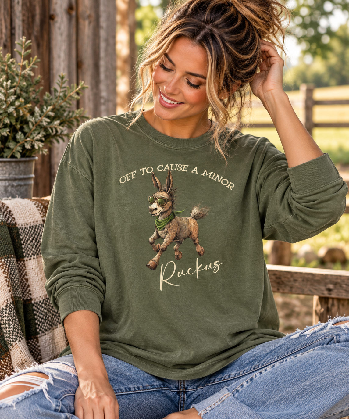 Funny Donkey Long Sleeve Shirt – Off to Cause a Minor Ruckus Comfort Colors Tee