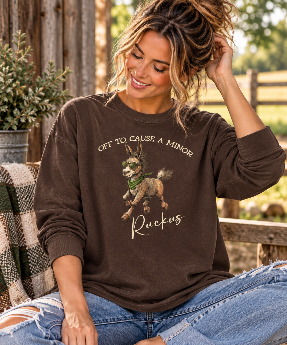 Funny Donkey Long Sleeve Shirt – Off to Cause a Minor Ruckus Comfort Colors Tee