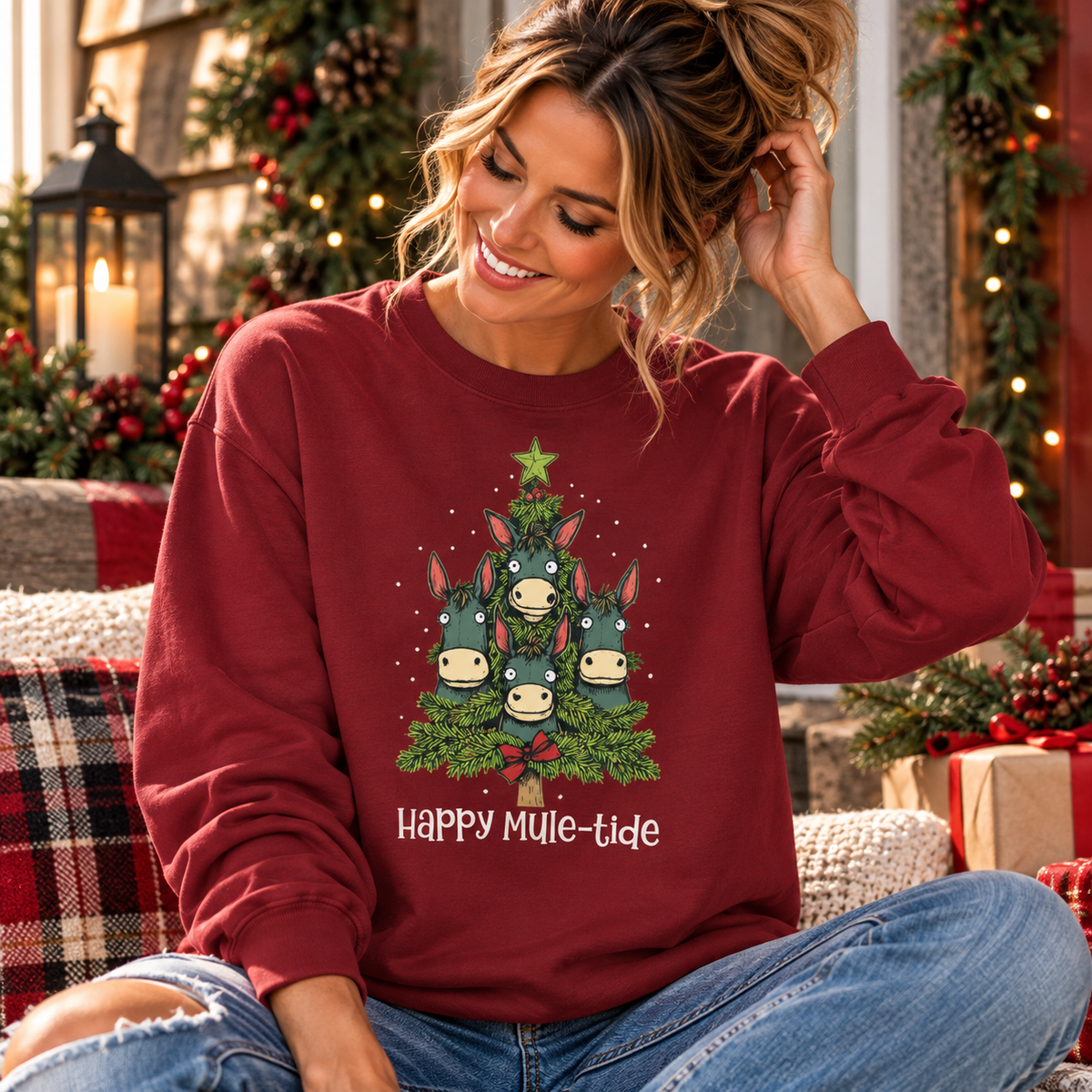 Happy Mule-Tide Christmas Sweatshirt – Funny Mule Christmas Tree Crewneck