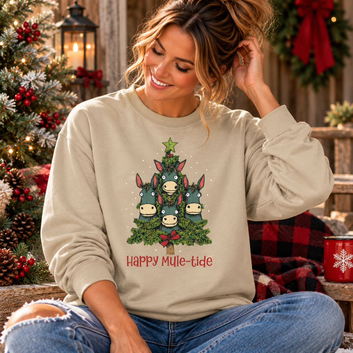 Happy Mule-Tide Christmas Sweatshirt – Funny Mule Christmas Tree Crewneck