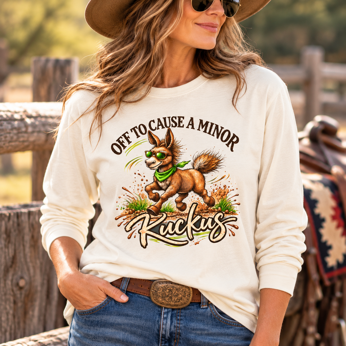 Funny Donkey Long Sleeve Shirt – Off to Cause a Minor Ruckus Comfort Colors Tee