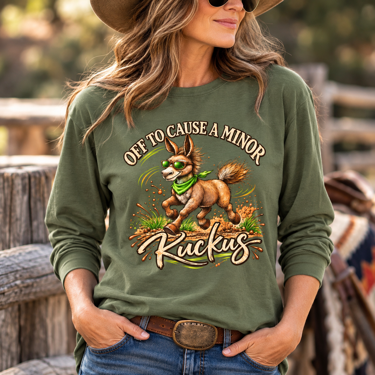 Funny Donkey Long Sleeve Shirt – Off to Cause a Minor Ruckus Comfort Colors Tee