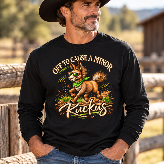 Funny Donkey Long Sleeve Shirt – Off to Cause a Minor Ruckus Comfort Colors Tee