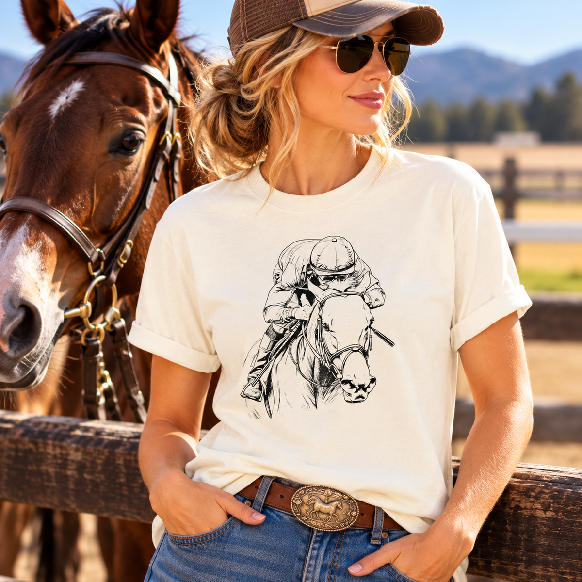 Thoroughbred Horse Racing T-Shirt – Cotton Jockey & Racehorse Art