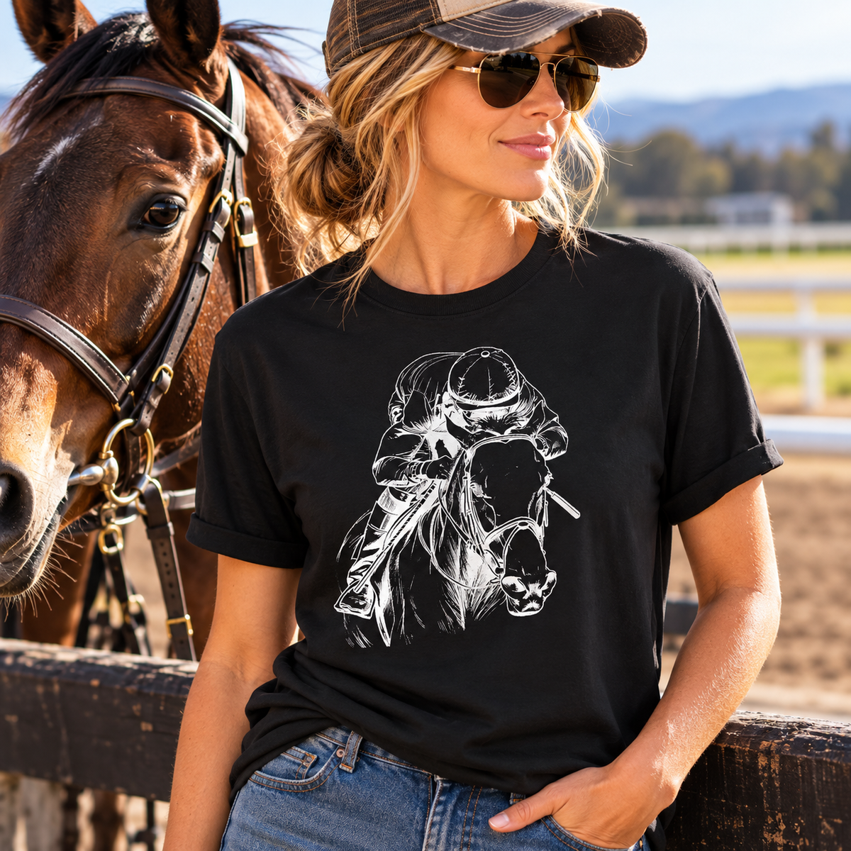 Thoroughbred Horse Racing T-Shirt – Cotton Jockey & Racehorse Art