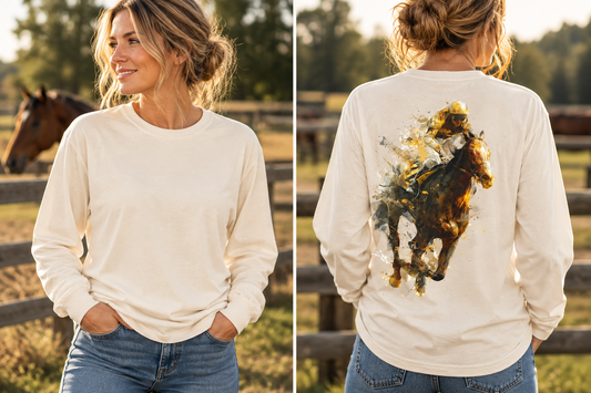 Horse Racing Long Sleeve Shirt | Thoroughbred Jockey Tee - Graphic on Back