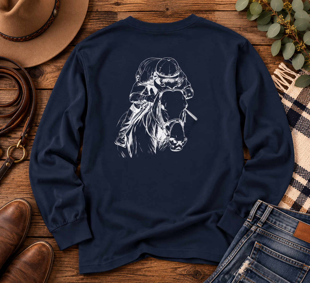 Thoroughbred Horse Racing Long Sleeve T-Shirt – Jockey & Racehorse Art