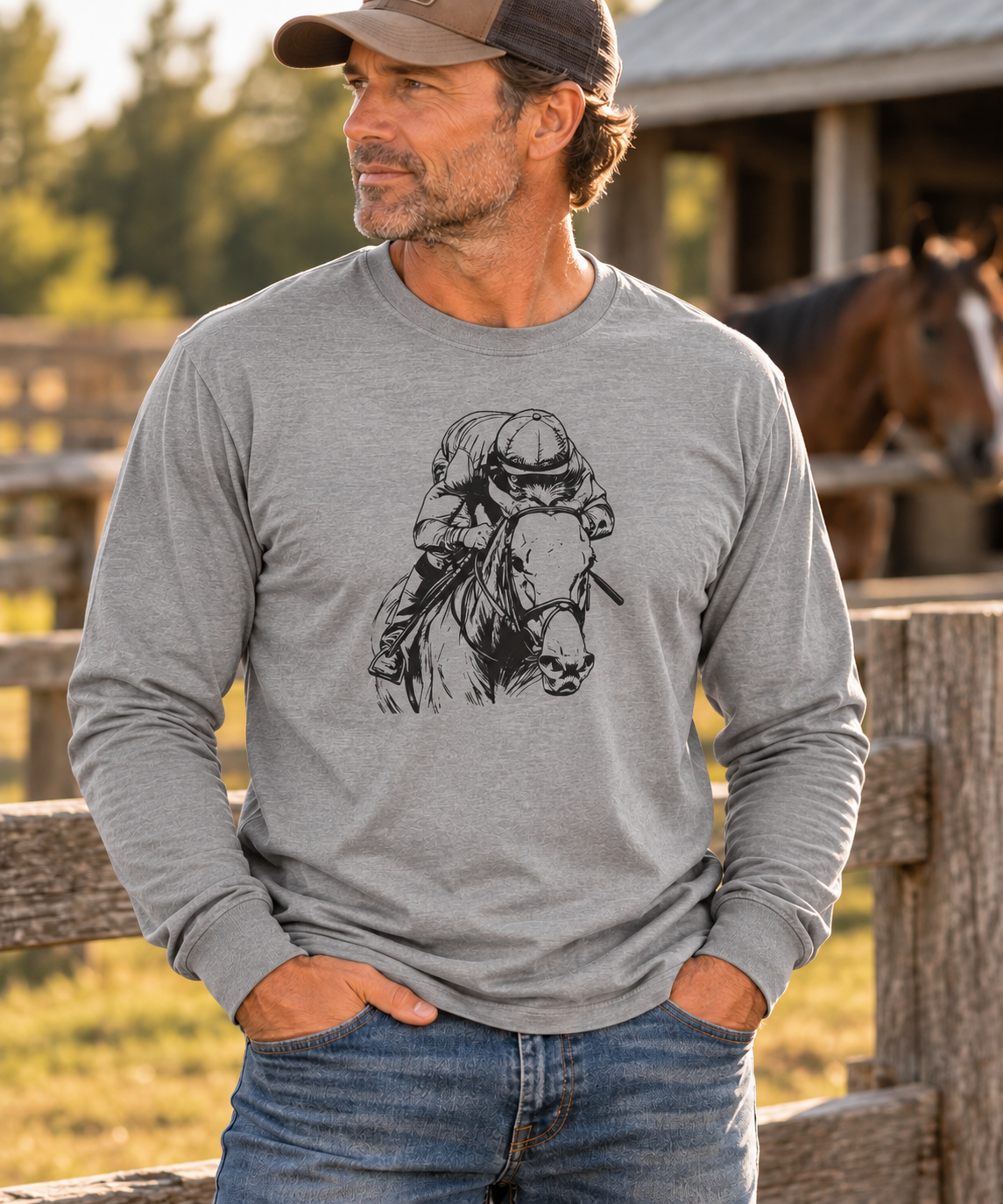 Thoroughbred Horse Racing Long Sleeve T-Shirt – Jockey & Racehorse Art