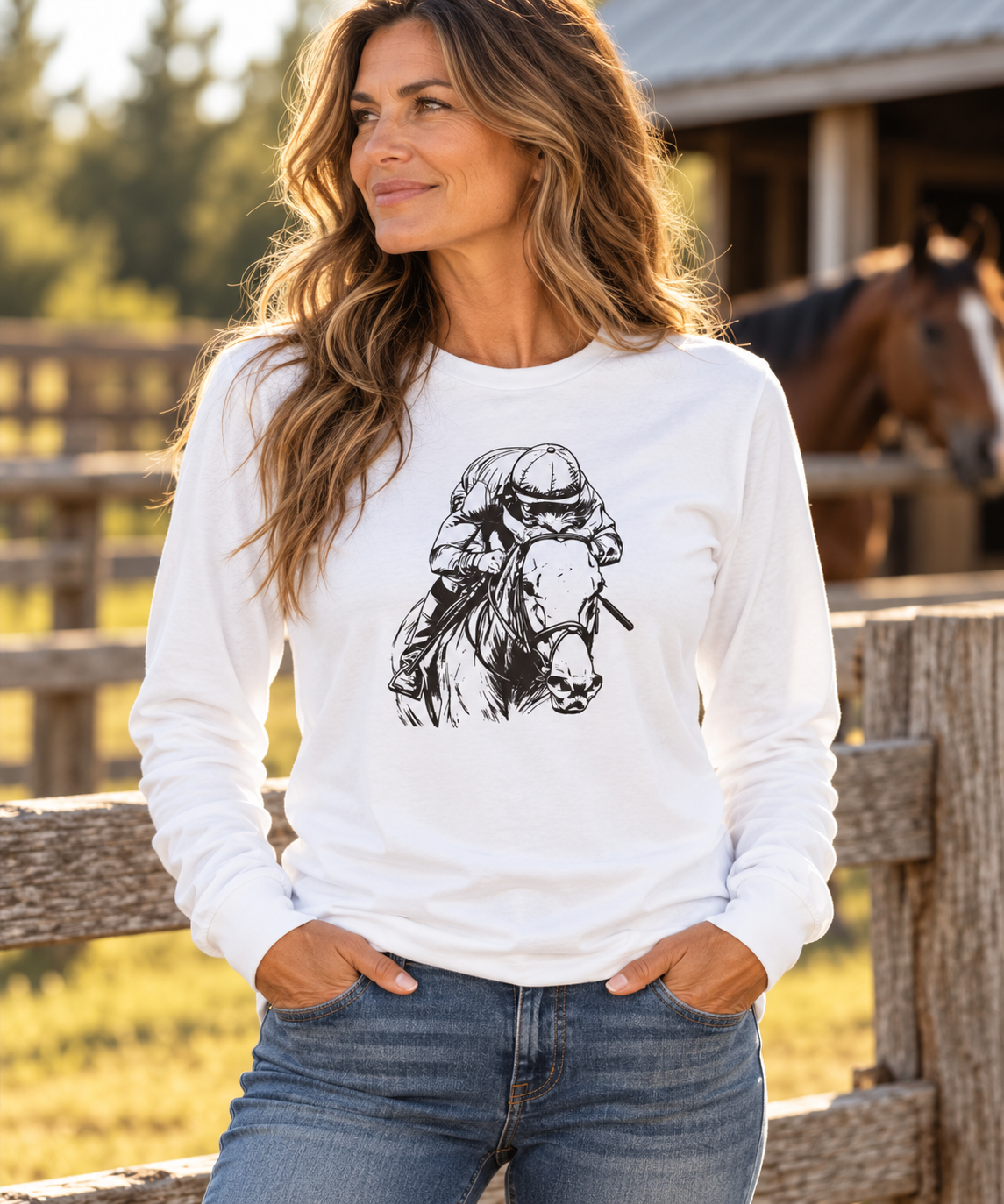 Thoroughbred Horse Racing Long Sleeve T-Shirt – Jockey & Racehorse Art