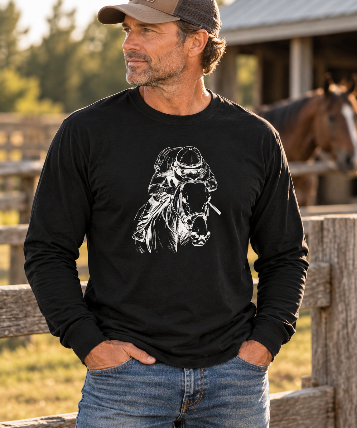 Thoroughbred Horse Racing Long Sleeve T-Shirt – Jockey & Racehorse Art
