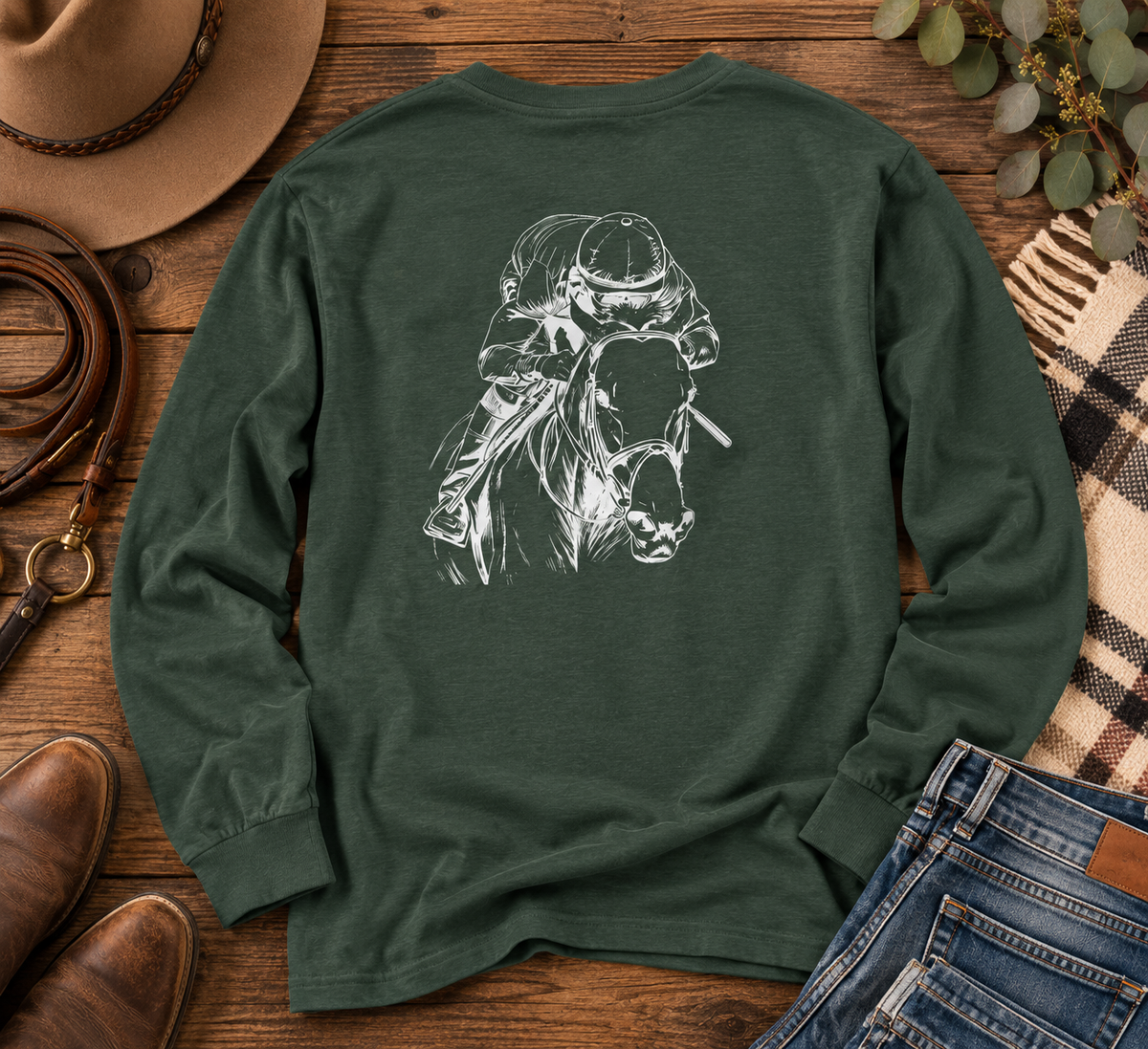 Thoroughbred Horse Racing Long Sleeve T-Shirt – Jockey & Racehorse Art