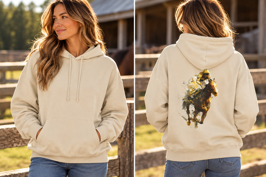 Thoroughbred Horse Racing Hoodie – Jockey & Racehorse Art 0n Back