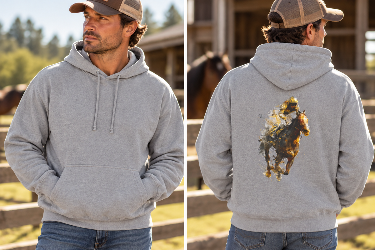 Thoroughbred Horse Racing Hoodie – Jockey & Racehorse Art 0n Back