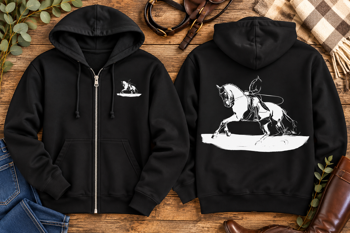 Dressage Horse Zip Hoodie | Personalized Equestrian Full Zip Sweatshirt | Barn Jacket| Horse Show Apparel | Wearable Horse Art Gift