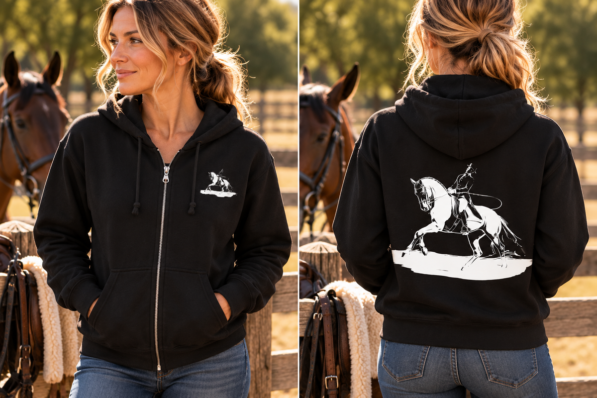 Dressage Horse Zip Hoodie | Personalized Equestrian Full Zip Sweatshirt | Barn Jacket| Horse Show Apparel | Wearable Horse Art Gift