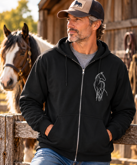 Minimalist Horse Zip-Up Hoodie – Equestrian Line Art Jacket