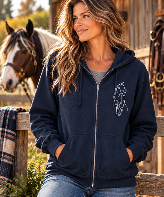 Minimalist Horse Zip-Up Hoodie – Equestrian Line Art Jacket