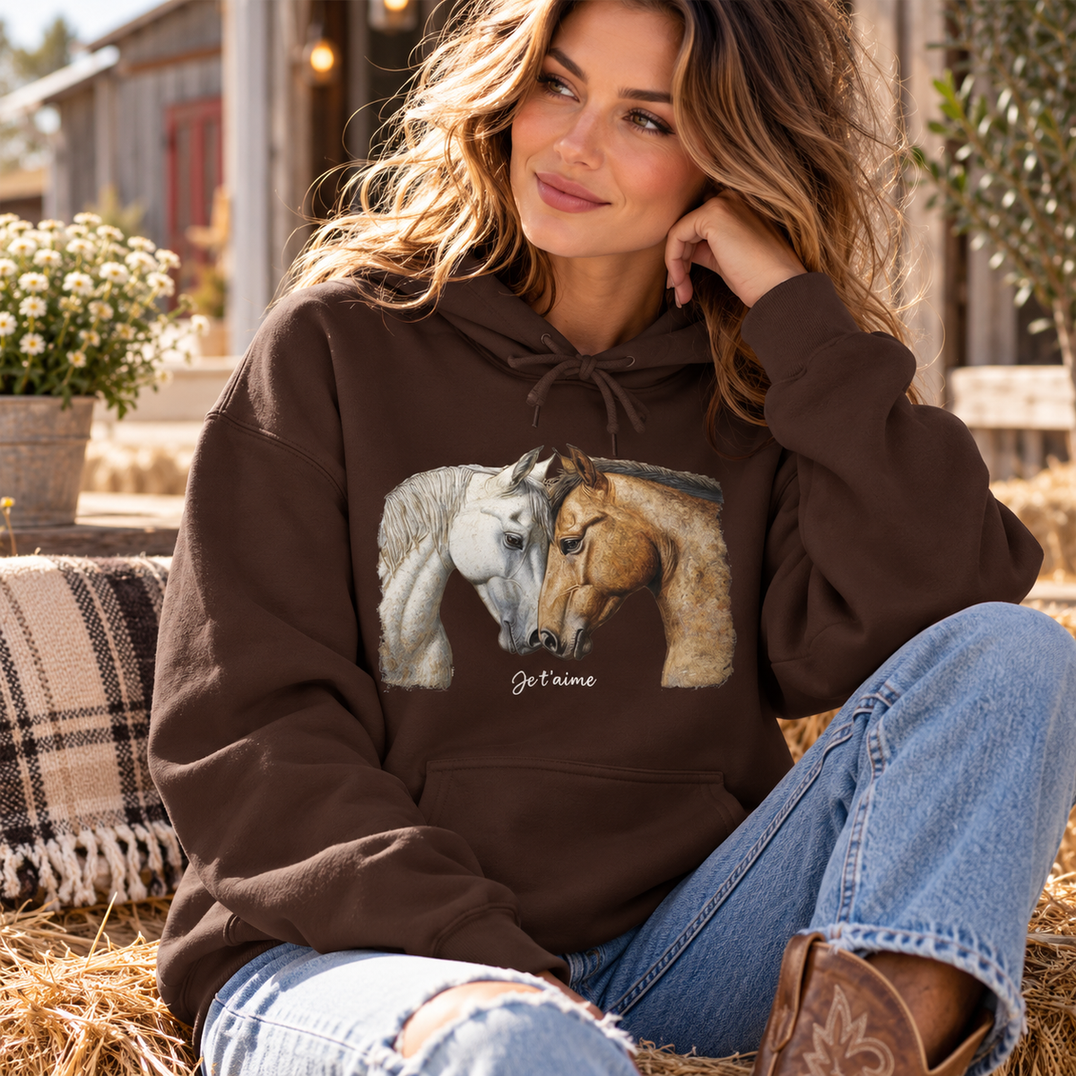 Je T’aime Horse Hoodie - Two Horses Equestrian Sweatshirt