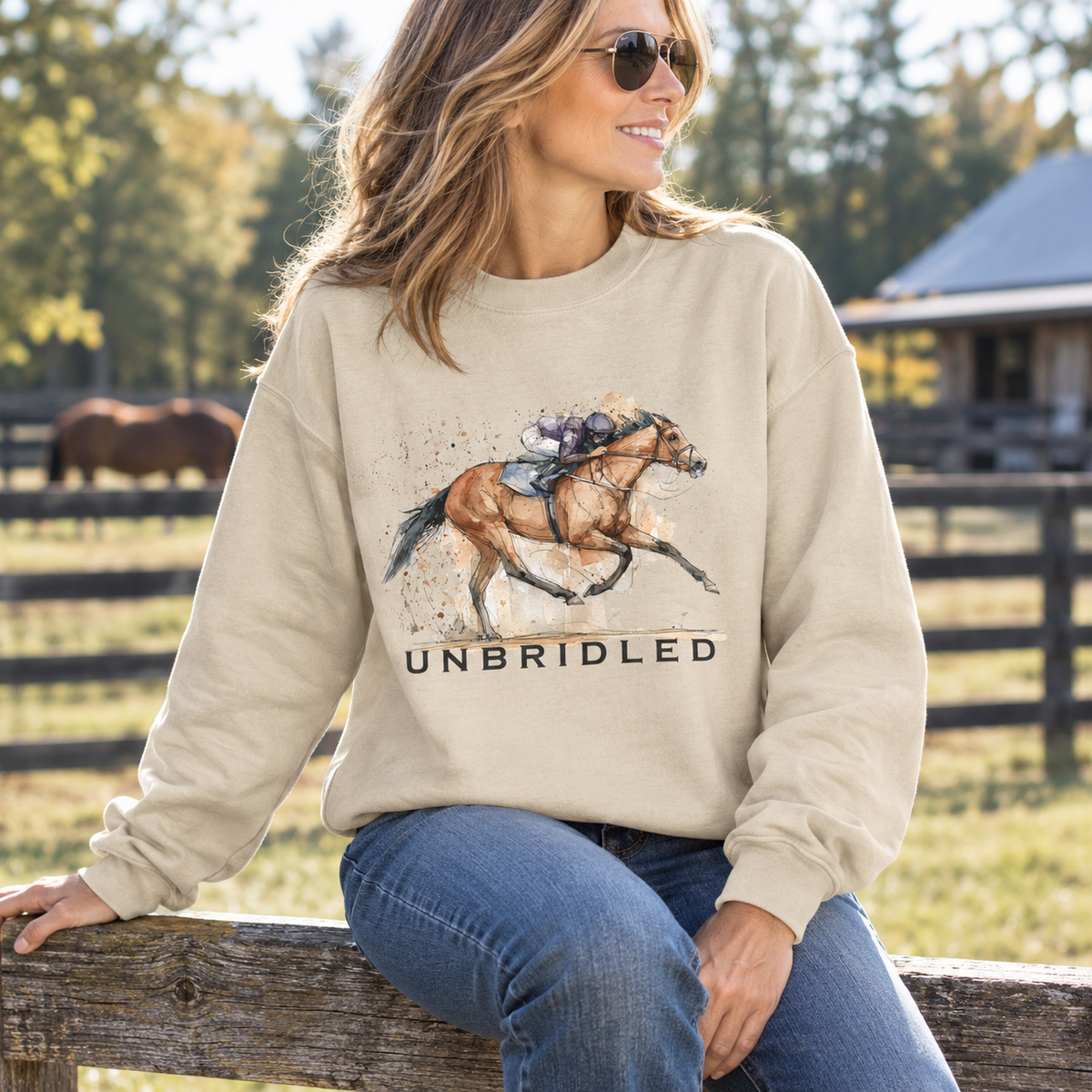 Unbridled Racehorse Sweatshirt – Watercolor Horse Racing Crewneck