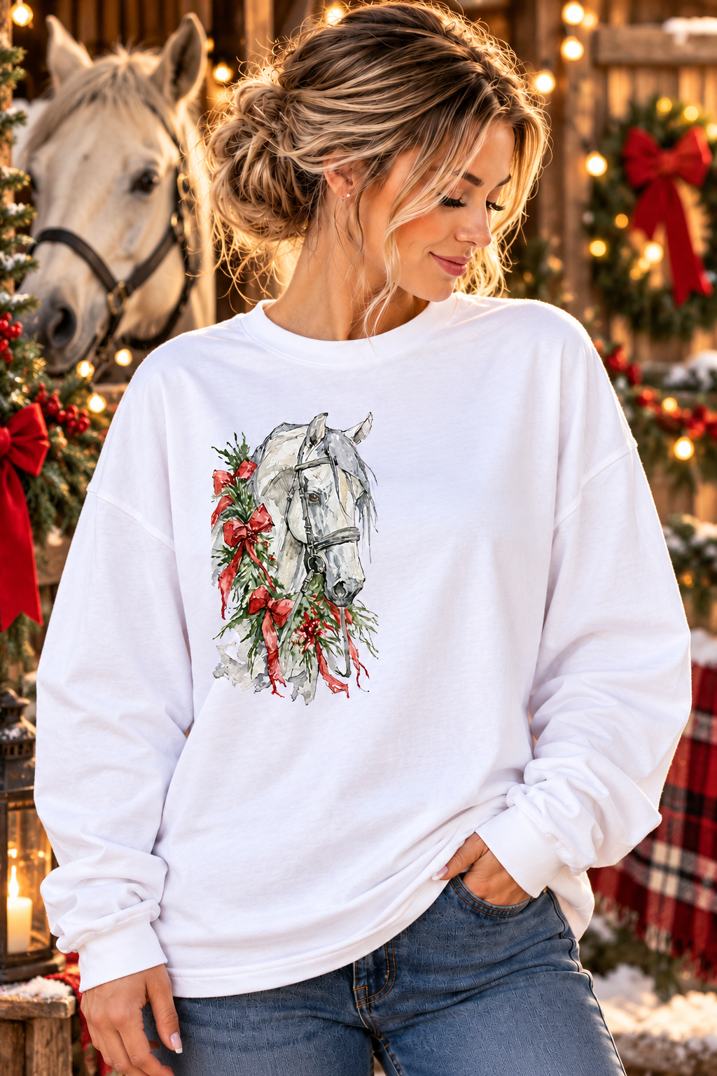 Christmas Horse Long Sleeve Shirt, Oversized Boxy Horse Tee